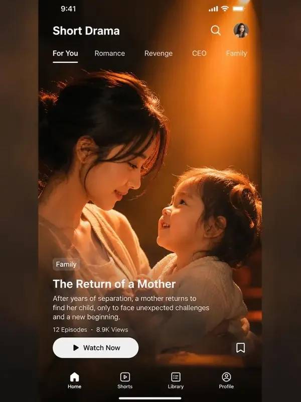 ai短剧 App 竖屏追剧界面 ai短剧 App 竖屏追剧界面示意,暖光下的亲子短剧画面